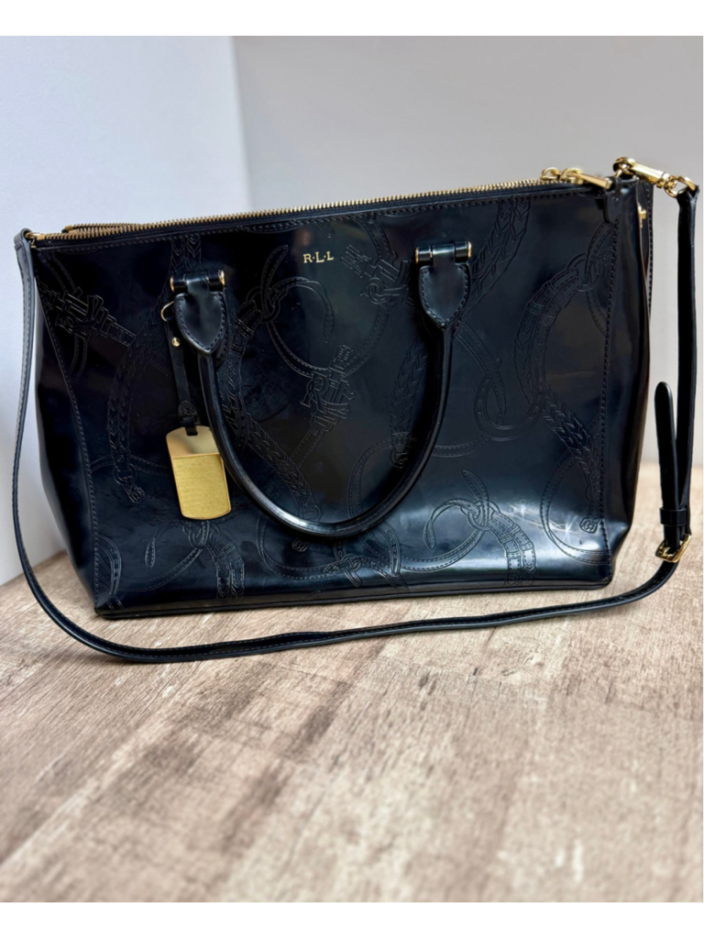 Lauren Ralph Lauren Black Patent Embossed Equestrian Satchel Bag LRL Y2K